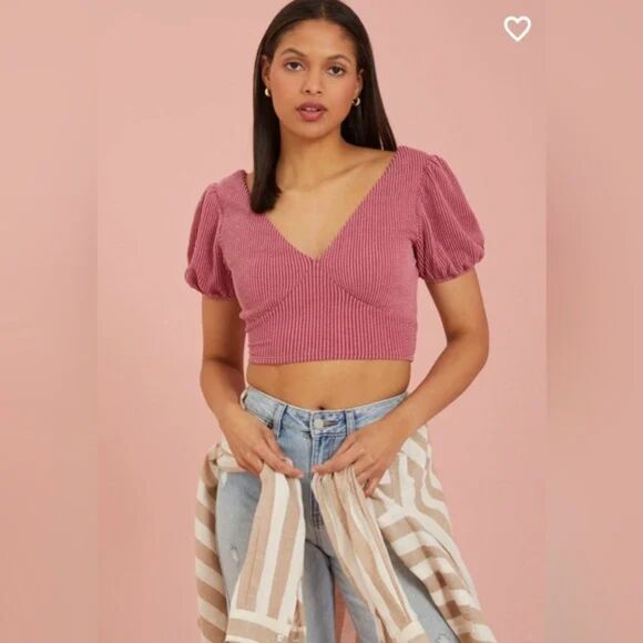 NWOT Altar’d State Puff Sleeve Crop Top Mauve Pink, Small,  Low Cut Back Party - Picture 1 of 6